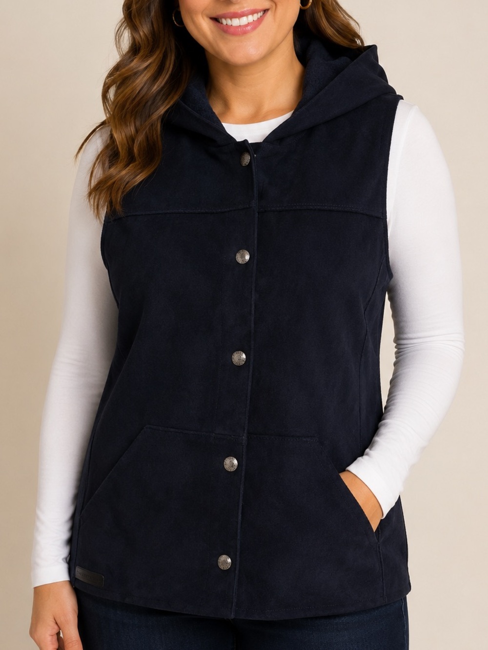 Lauren Ralph Lauren Women Size M Black Faux Suede Sherpa Hooded Vest Snap Front